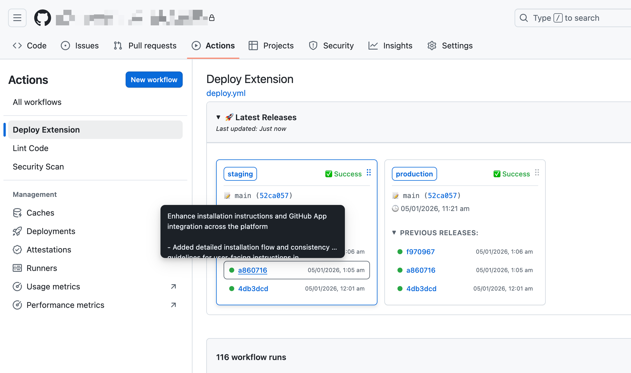 Commit message in tooltip